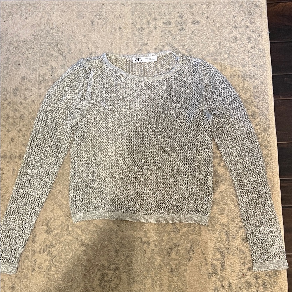 Zara Women's Metallic Gray Crew Neck Sweater